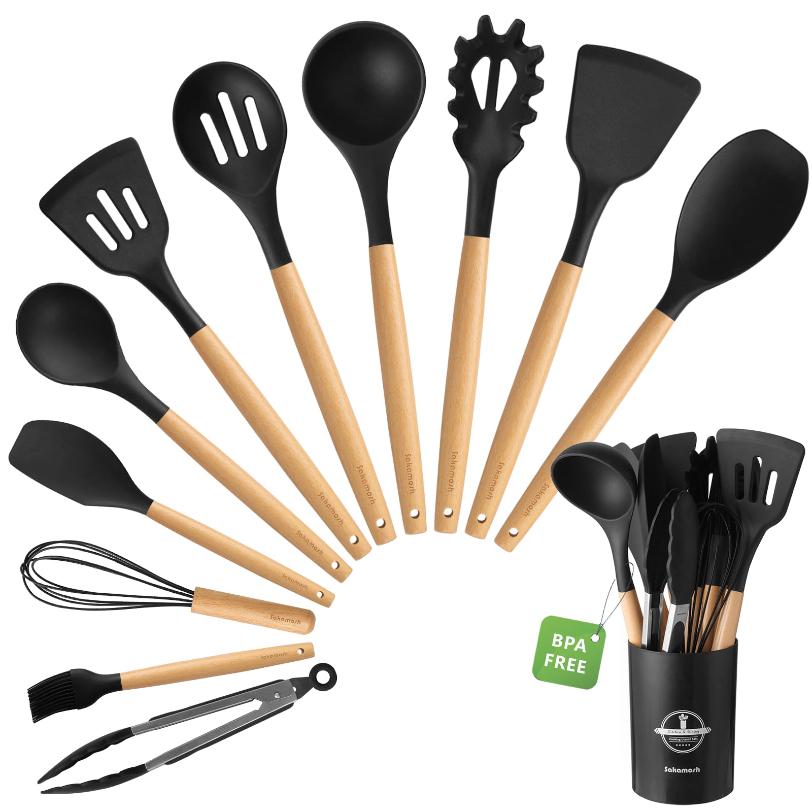 SAKAMOSH 12-piece silicone utensils set with holder for organized cooking.