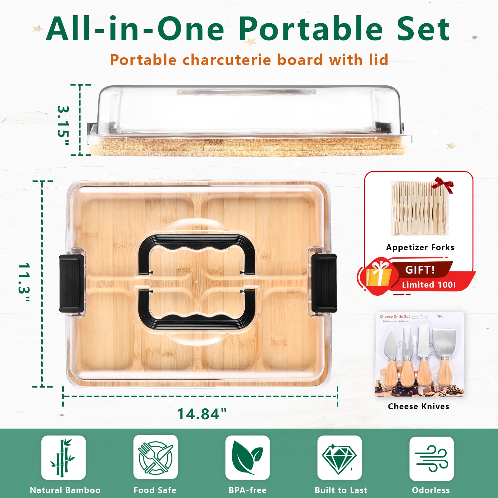 SAKAMOSH charcuterie board carry handle shown for easy entertaining on the go
