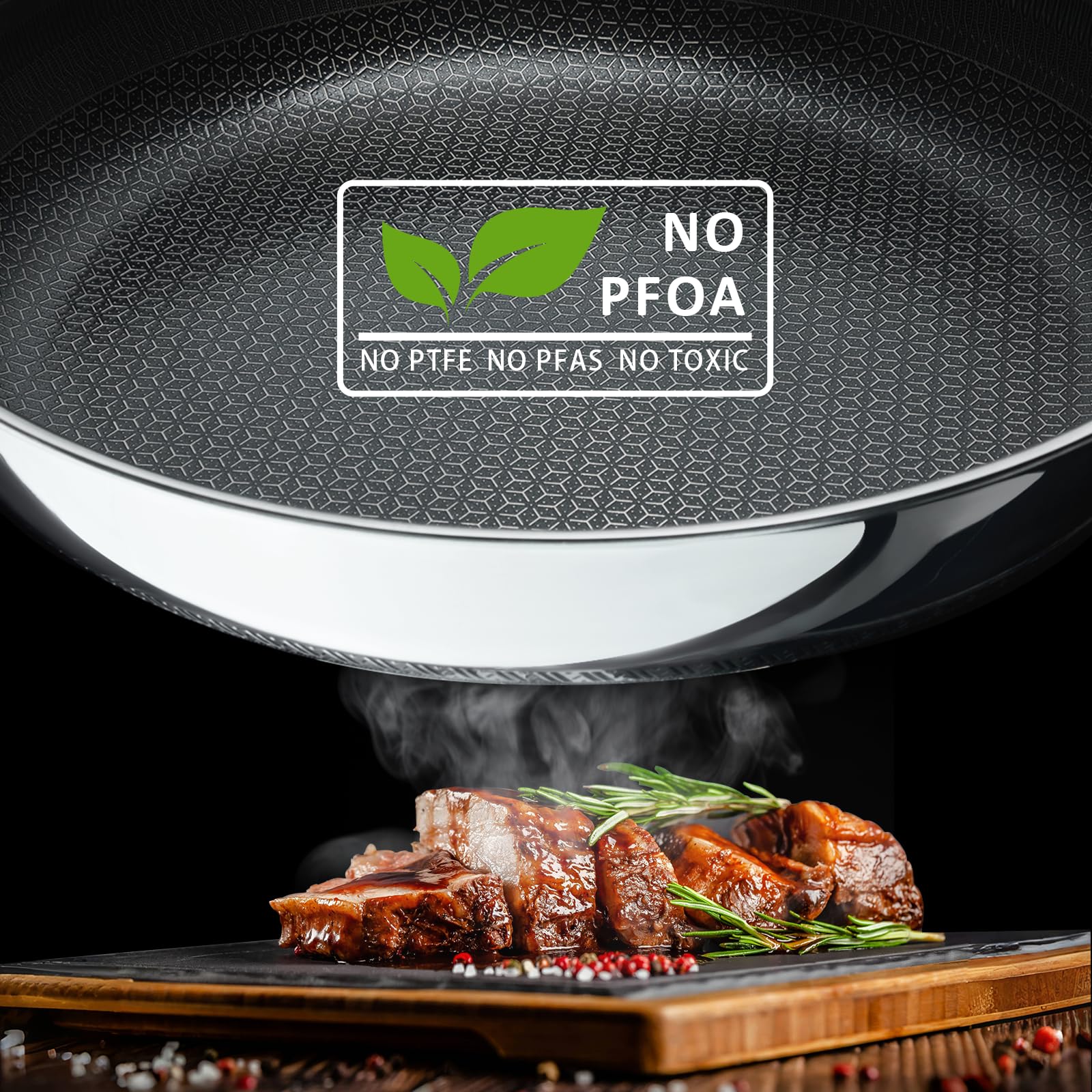 SAKAMOSH tri-ply construction with aluminum core for fast, even heat.