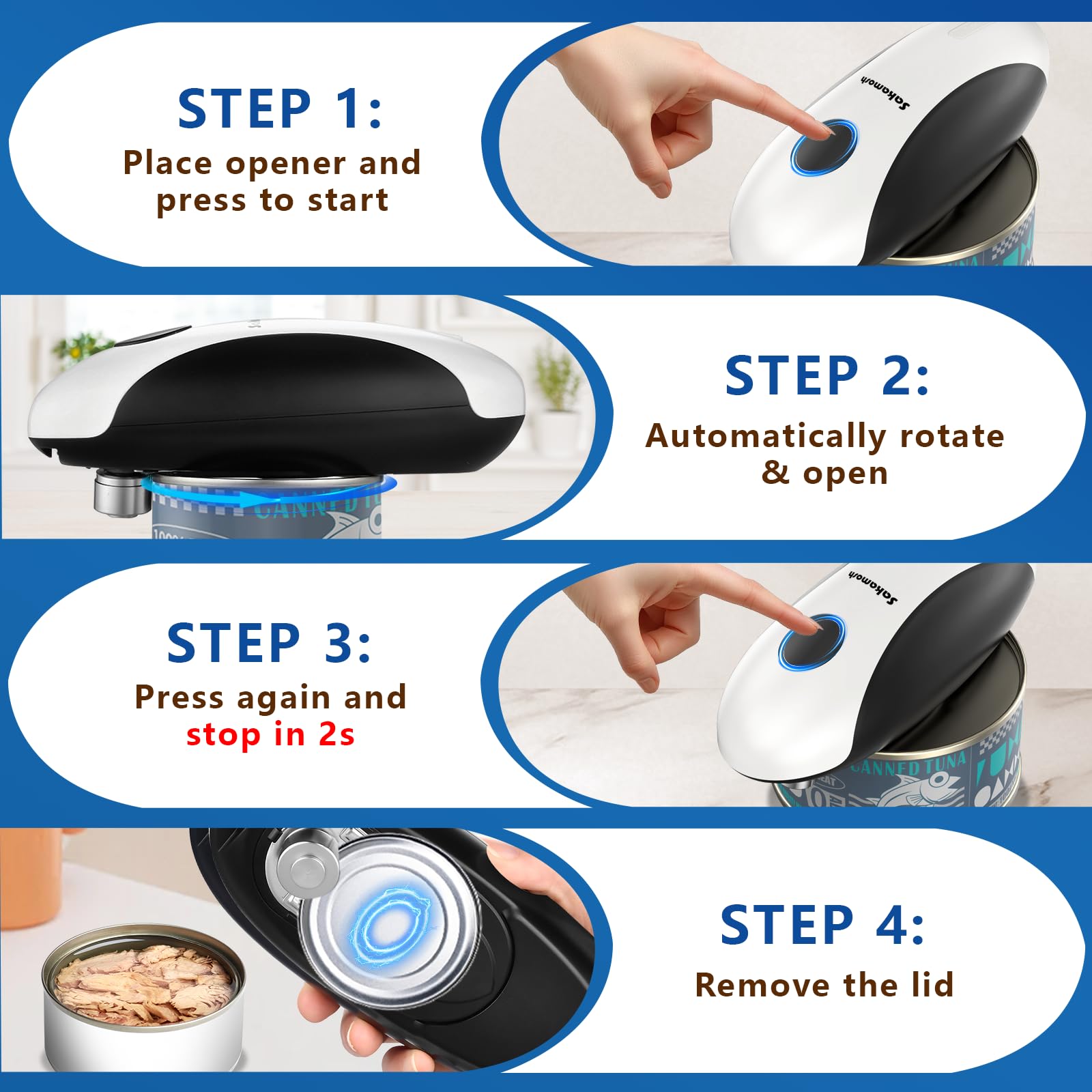SAKAMOSH USB rechargeable can opener with cordless convenience.