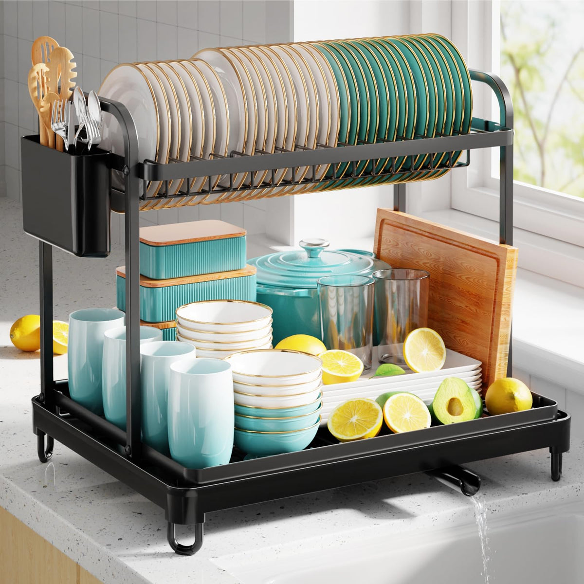 Sakugi 2-tier dish drying rack on kitchen counter keeping dishes organized and accessible.