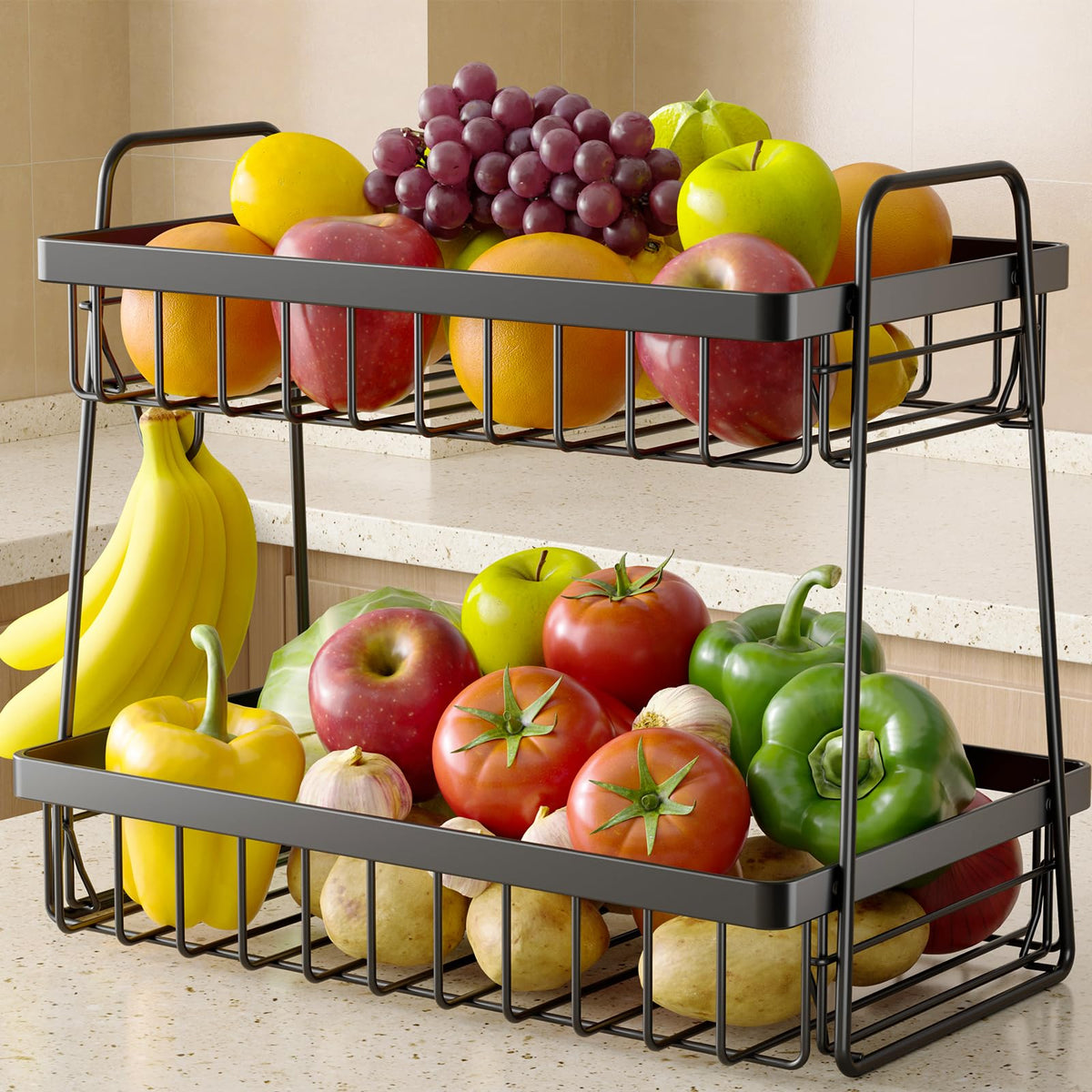 Sakugi 2-tier fruit basket with removable banana hanger keeps produce organized and fresh.