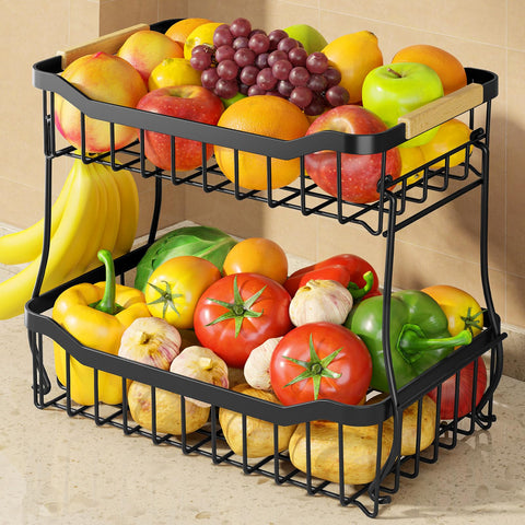 Sakugi banana hanger on two-tier basket protects bananas and improves airflow.