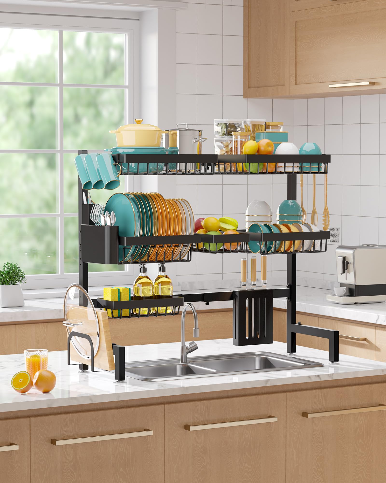 Knife and cutting board holders keep essentials organized.