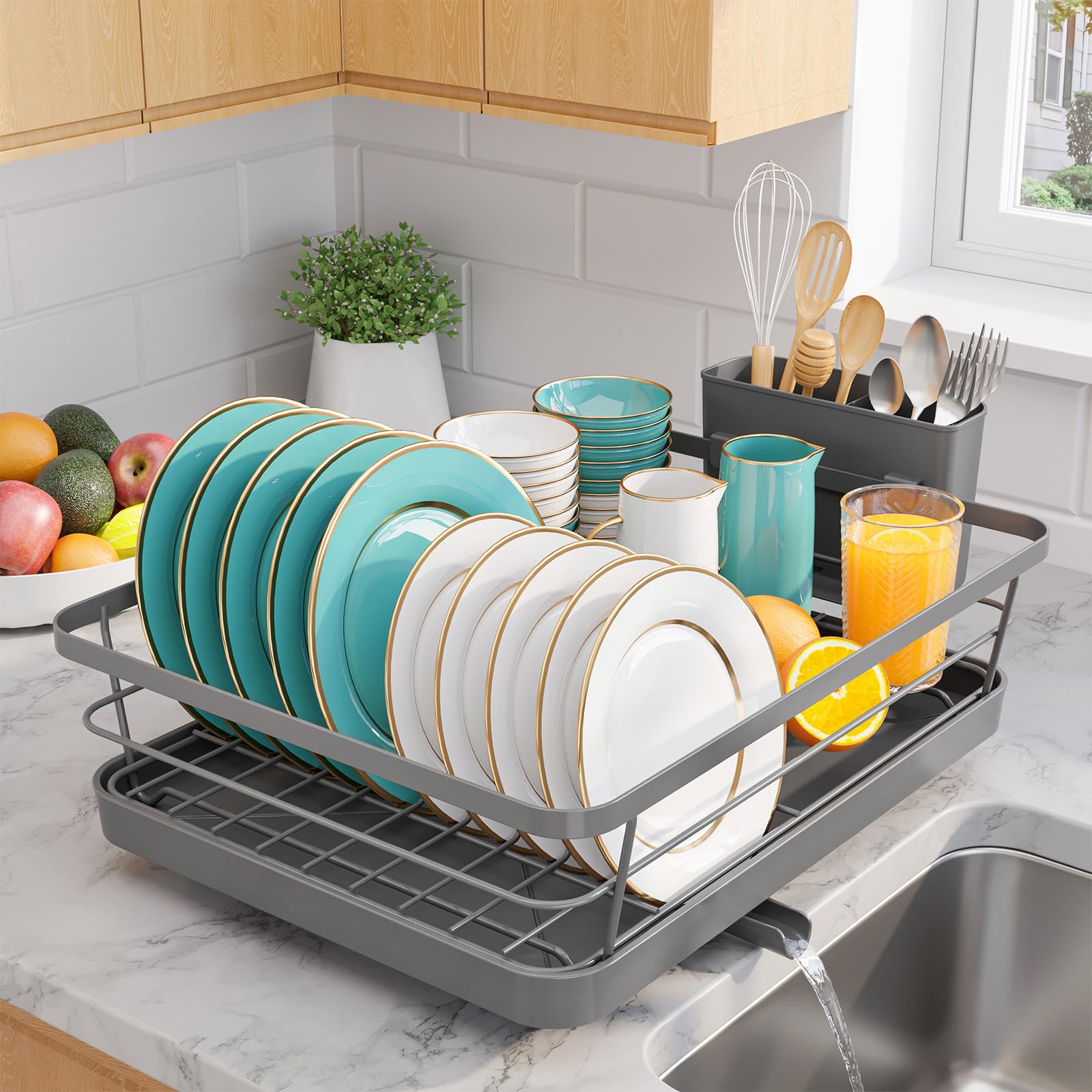 Sakugi dish drying rack on a compact kitchen counter for space-saving drying