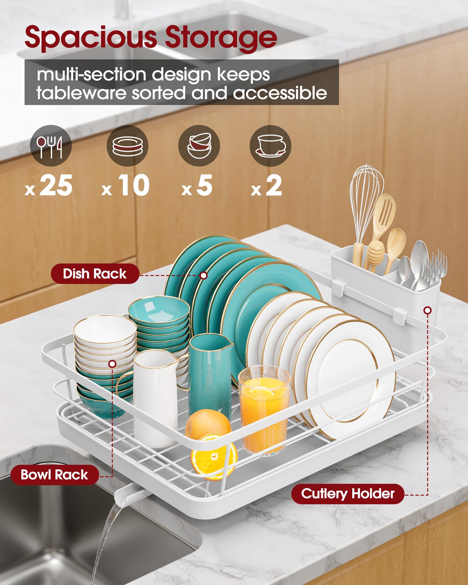 Sakugi dish drying rack with drainage system helps keep your counter dry.