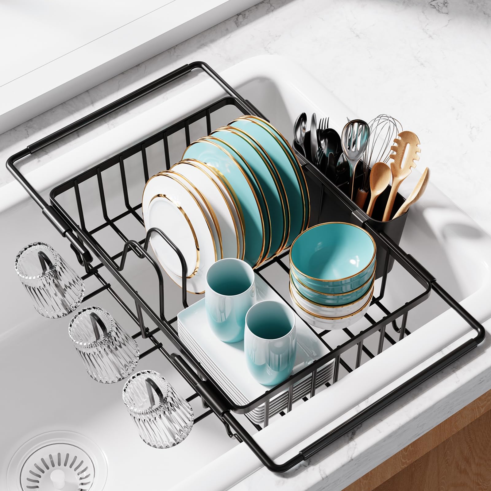 Sakugi dish drying rack in sink with extendable bars for a secure, space-saving set-up