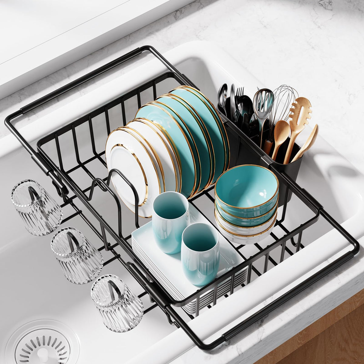 Sakugi dish drying rack in sink with extendable bars for a secure, space-saving set-up