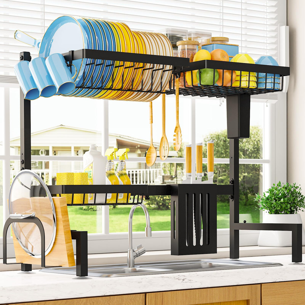 Sakugi dish drying rack over the sink keeps countertops dry and organized