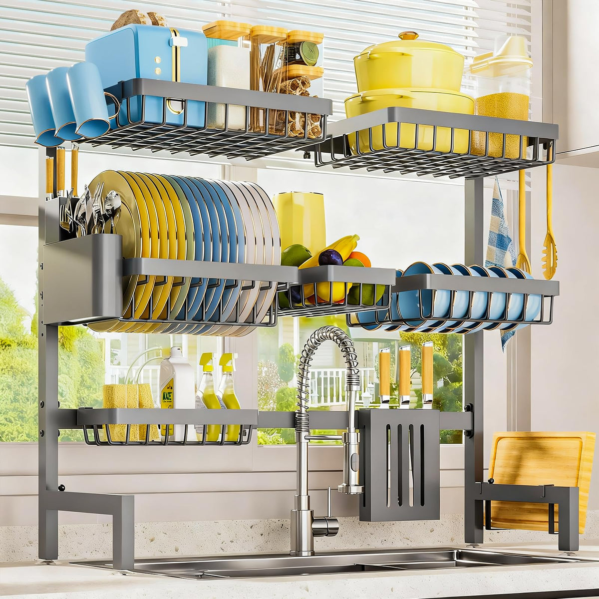 Sakugi dish drying rack over the sink with rustproof baskets for direct draining.