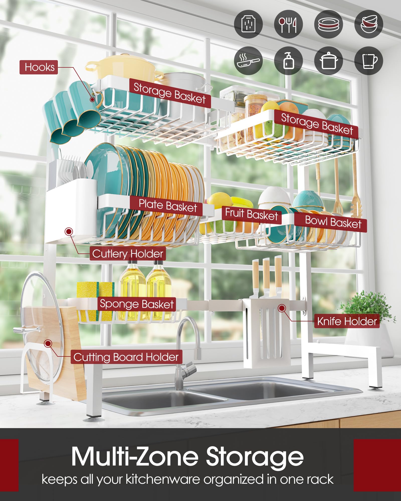 Sakugi dish rack with utensil and knife holders for organized drying.