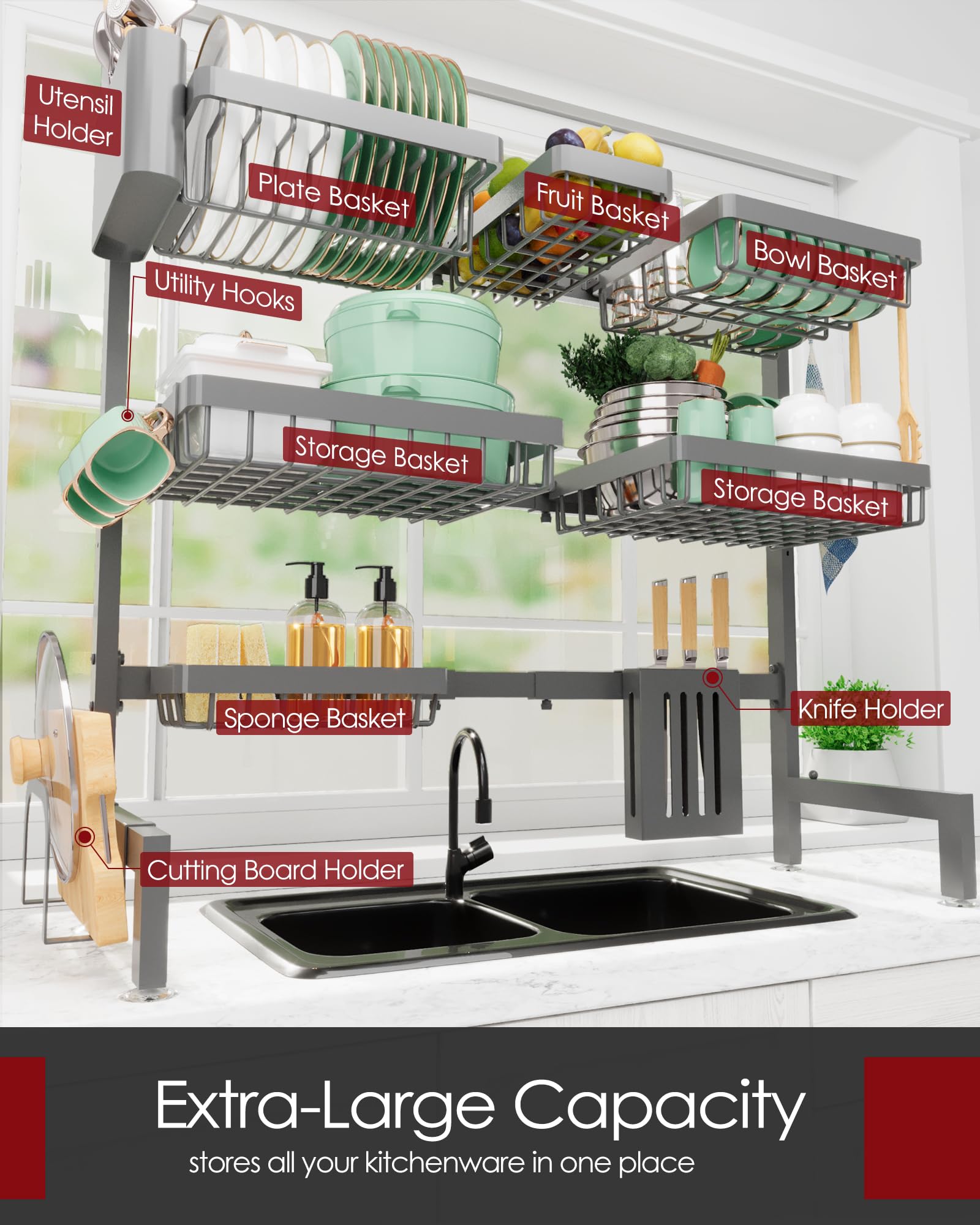Sakugi rack shows utensil and knife holder for organized cutting and prep.