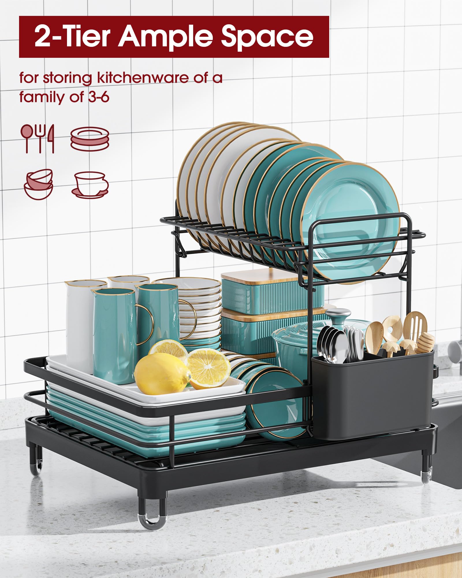 Sakugi X-Large Dish Drying Rack on counter, compact and space-efficient in black