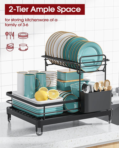 Sakugi X-Large Dish Drying Rack on counter, compact and space-efficient in black