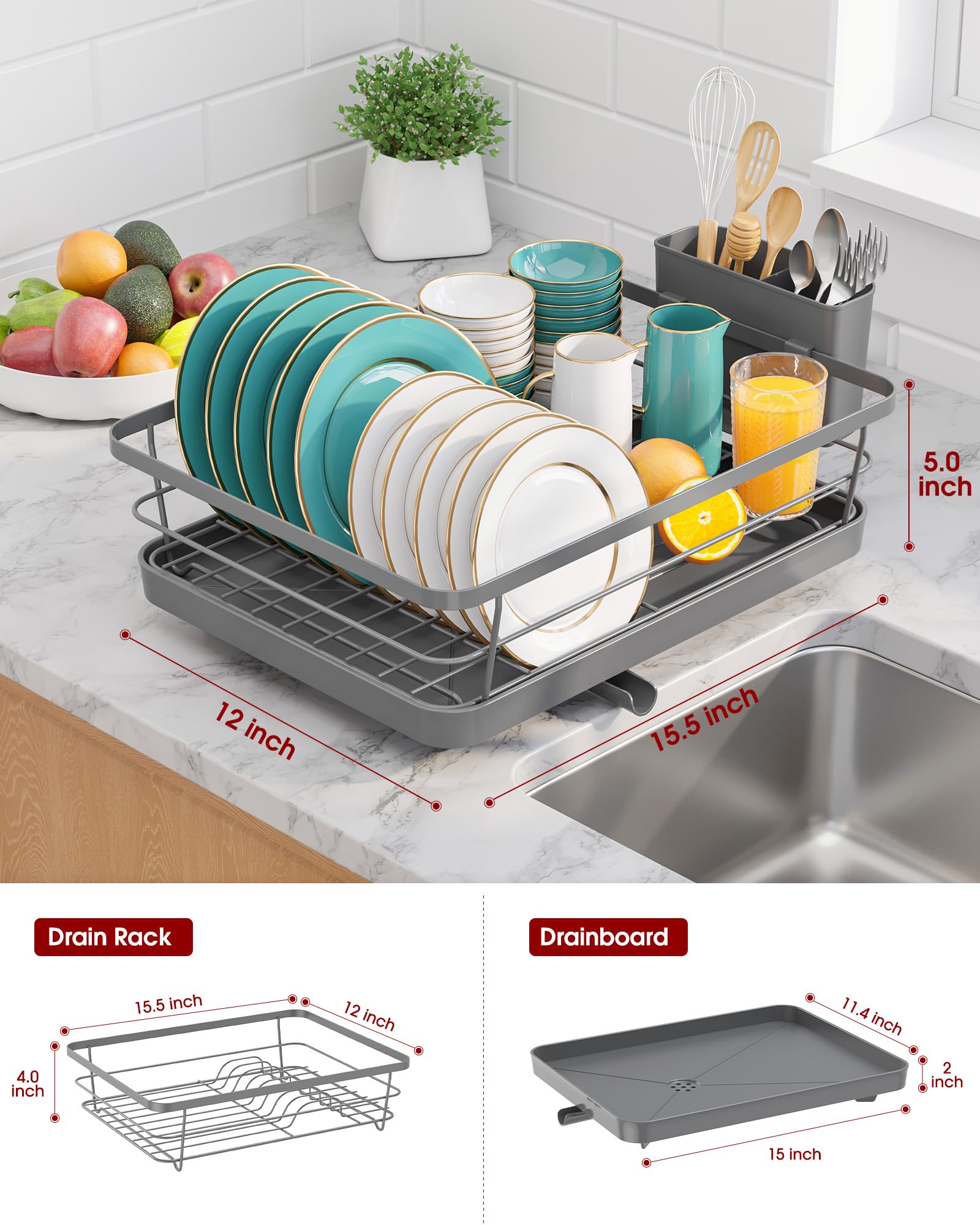 Sakugi dish rack with dual-section cutlery holder keeps utensils organized after use