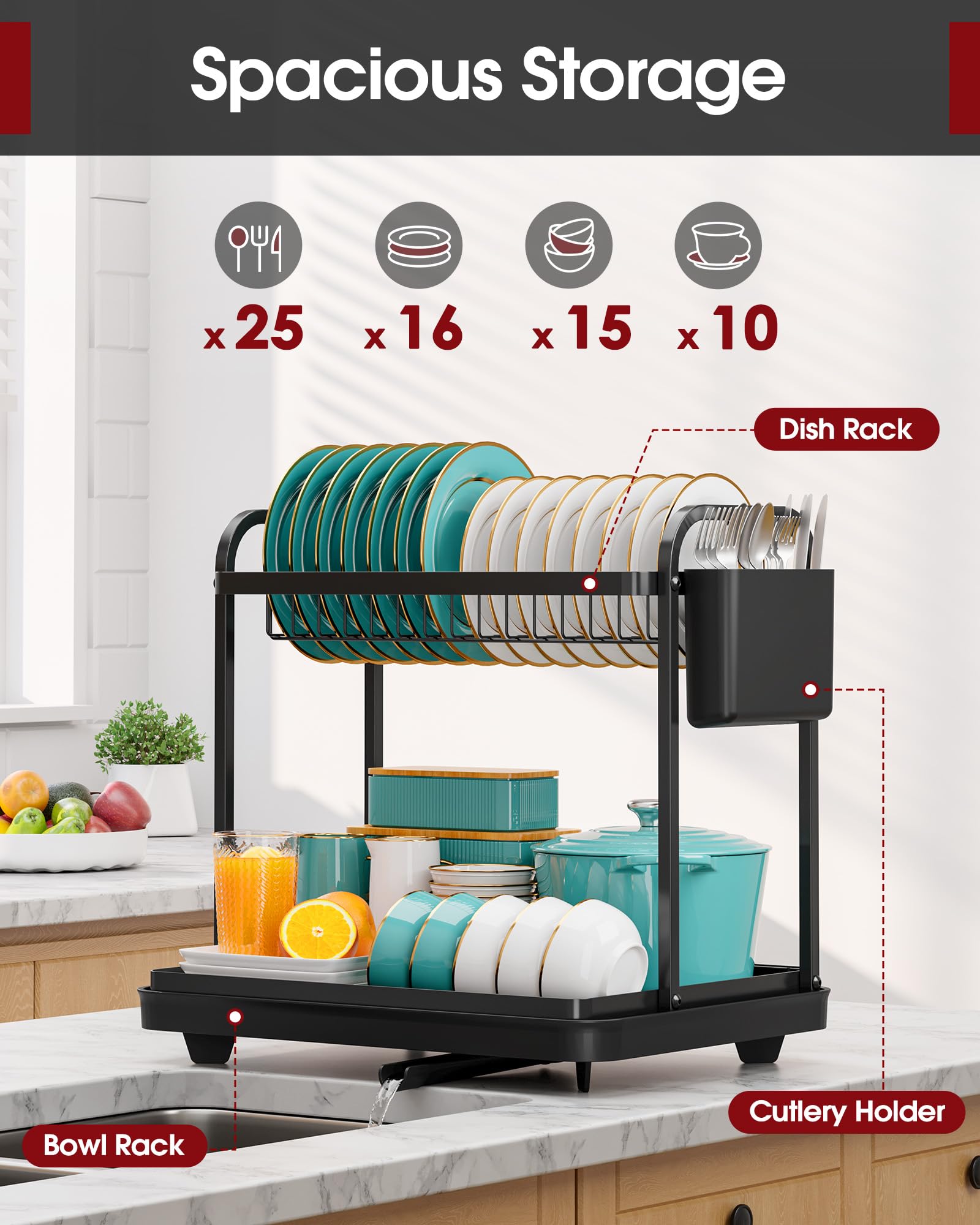 Sakugi dish rack with drainboard speeds water drainage into sink.