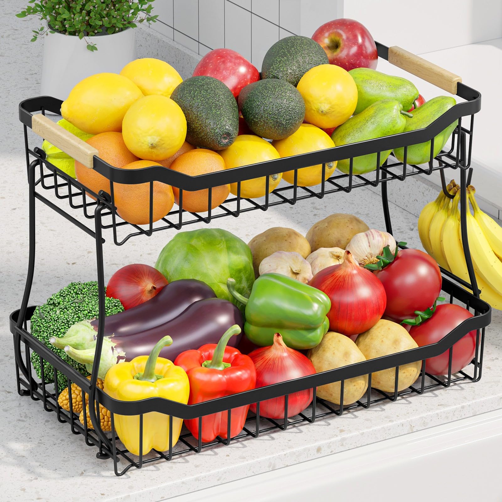 Sakugi 2-tier fruit basket with banana hanger keeps bananas fresh and organized.