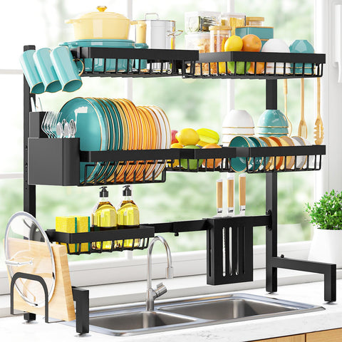 Sakugi over-sink dish rack 3-tier displays organized, drip-free drying over the sink.