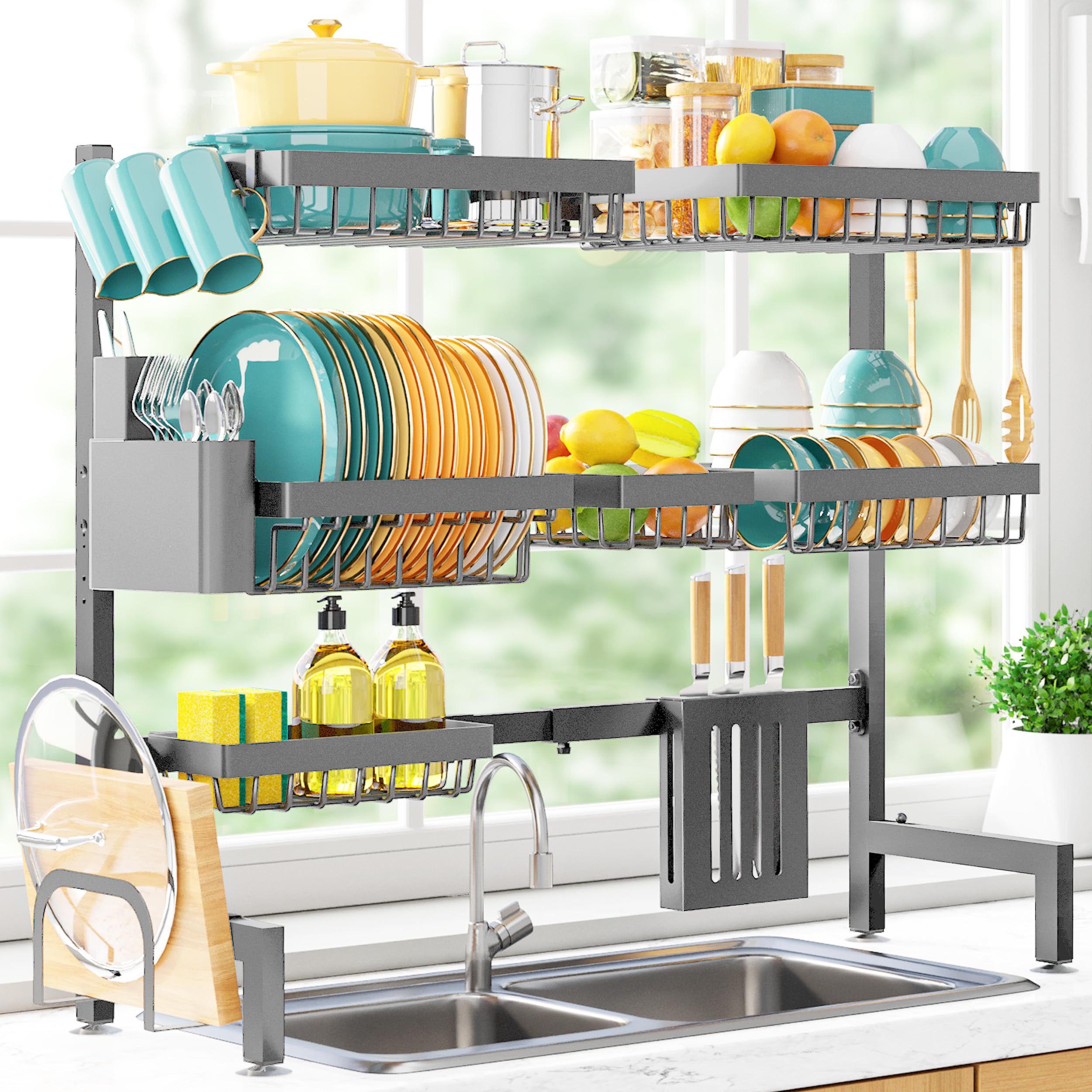 Sakugi over-the-sink dish rack with adjustable length fits many sink sizes