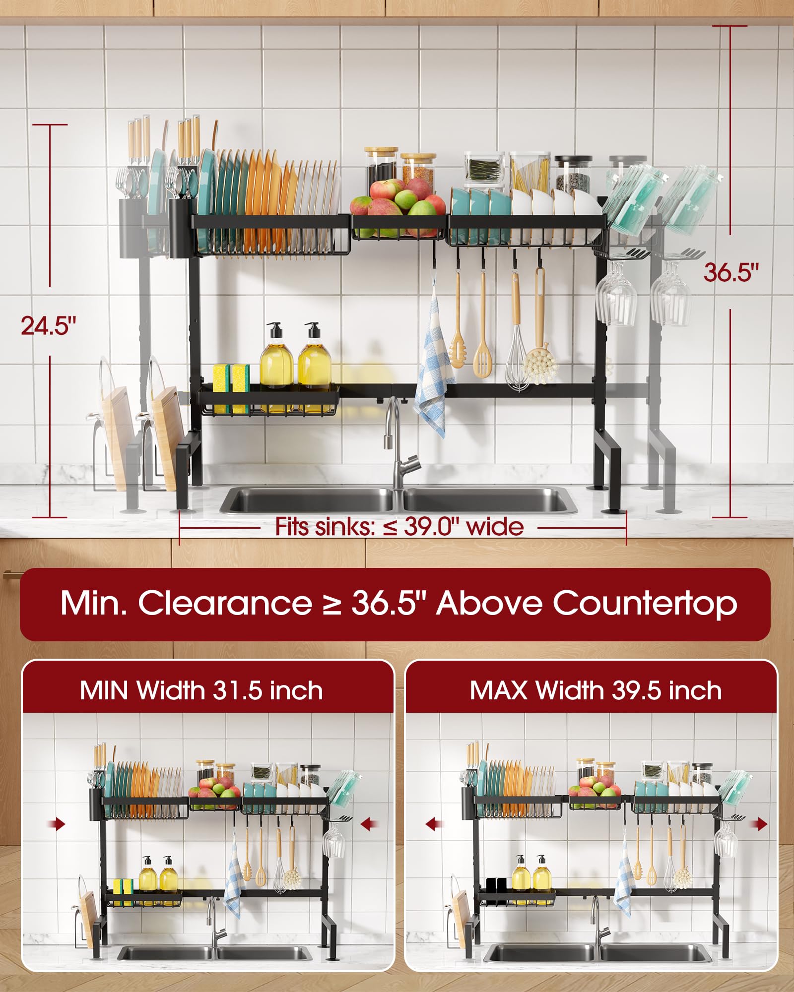 Sakugi assembly-ready over-the-sink rack highlighting easy installation steps.