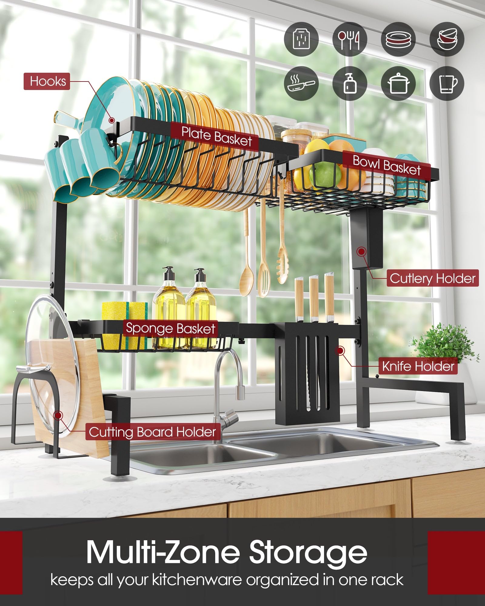 Sakugi over-the-sink rack front tilt illustrating easy access to bowls and glassware