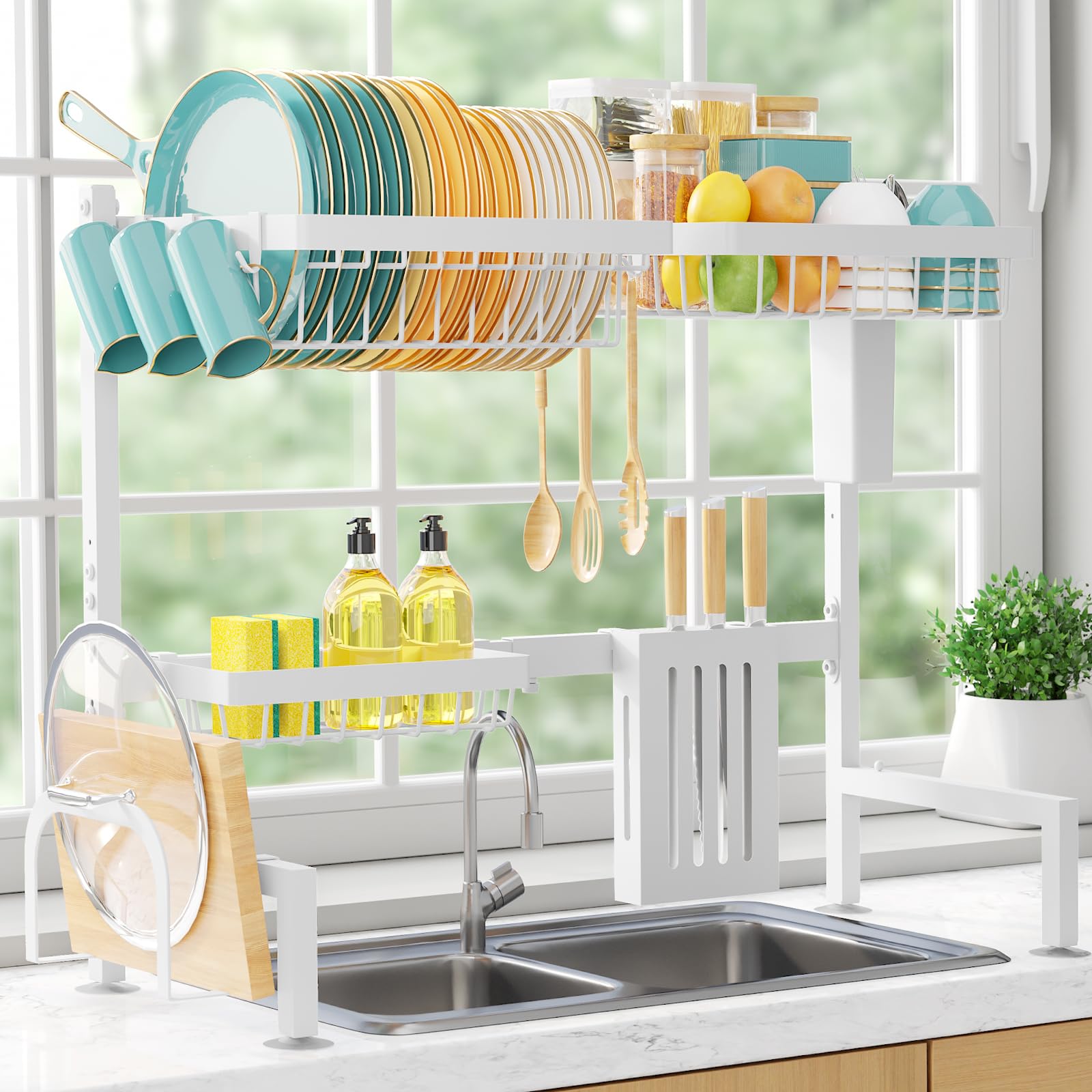 Sakugi over-the-sink dish drying rack front view with wide capacity and drainage.