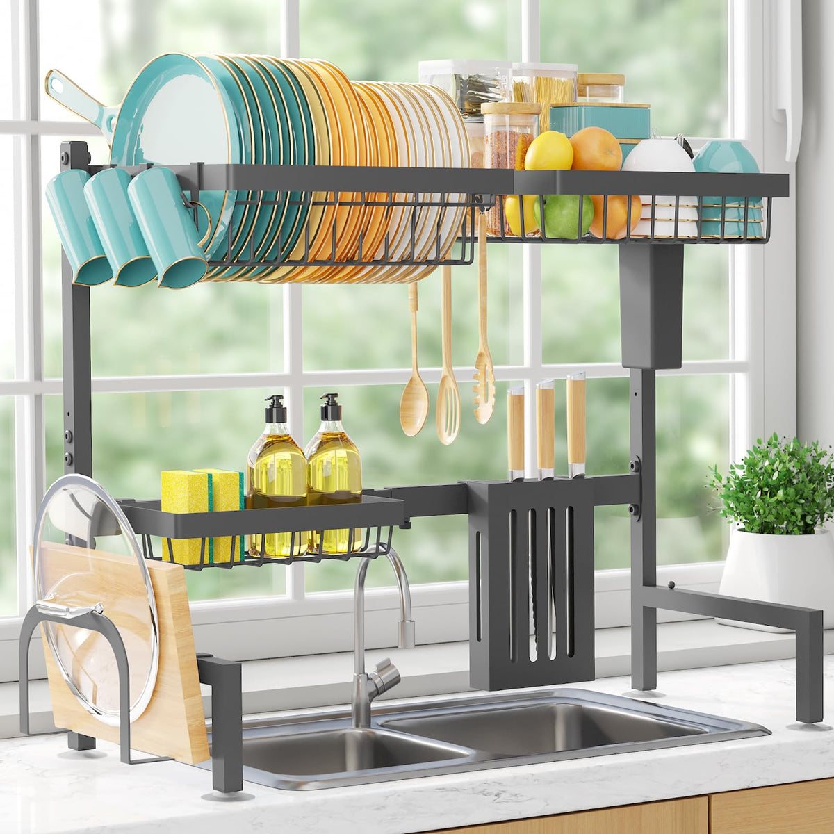 Sakugi over-the-sink dish rack with full capacity for bowls and glasses