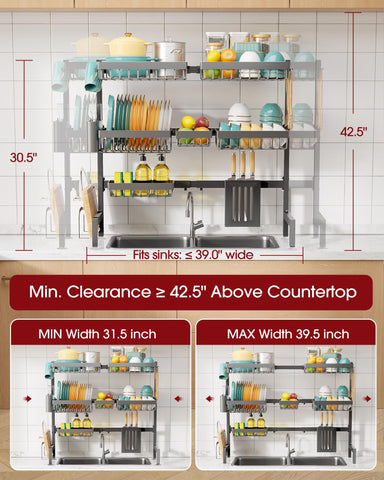 Sakugi gray stainless steel over-the-sink rack shown with multiple baskets and hooks