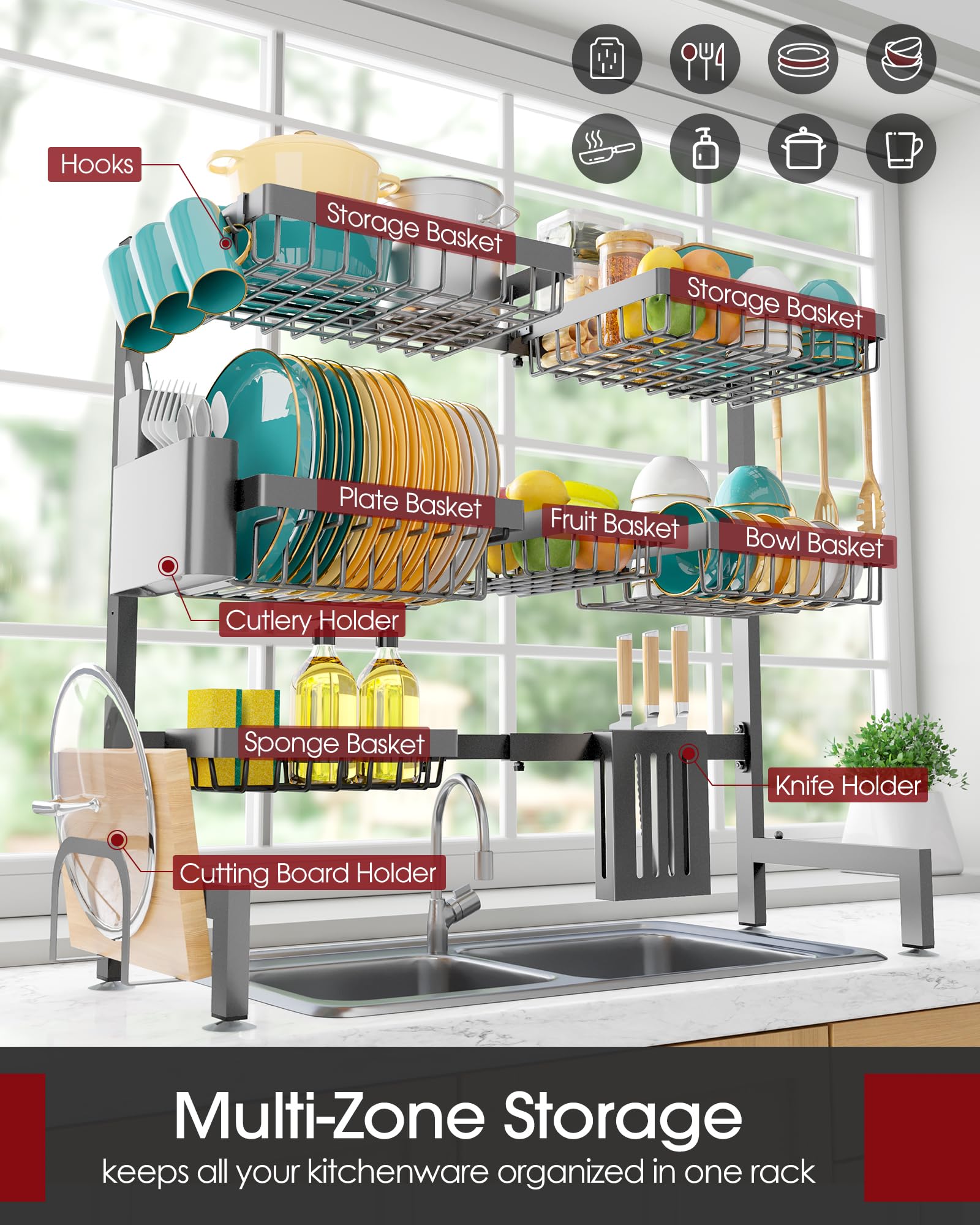 Sakugi 3-tier rack with utensil and knife holders keeps kitchen essentials organized
