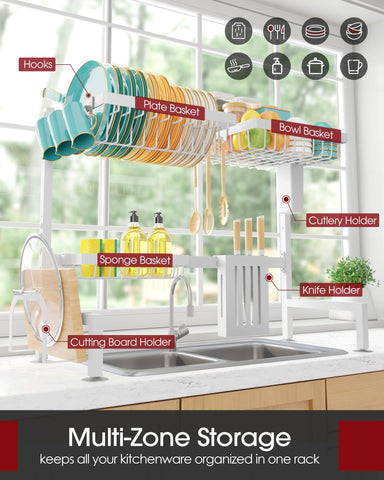Sakugi over-the-sink dish drying rack side view showing compact footprint.