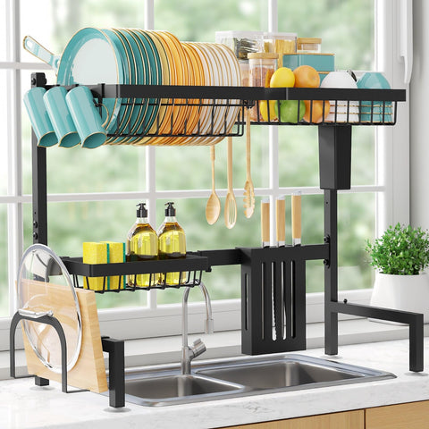 Sakugi over-the-sink dish drying rack side view showing ample capacity and utensil storage