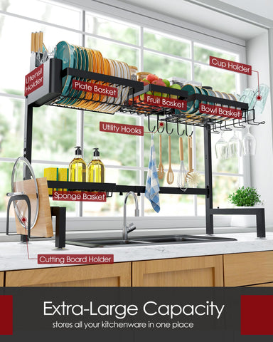 Sakugi dish rack with utensil holder keeping cutlery organized on the counter.