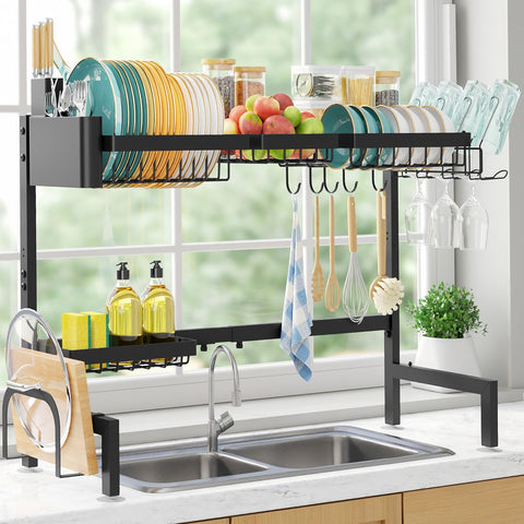 Sakugi over-the-sink dish drying rack showing wide setup for many items.