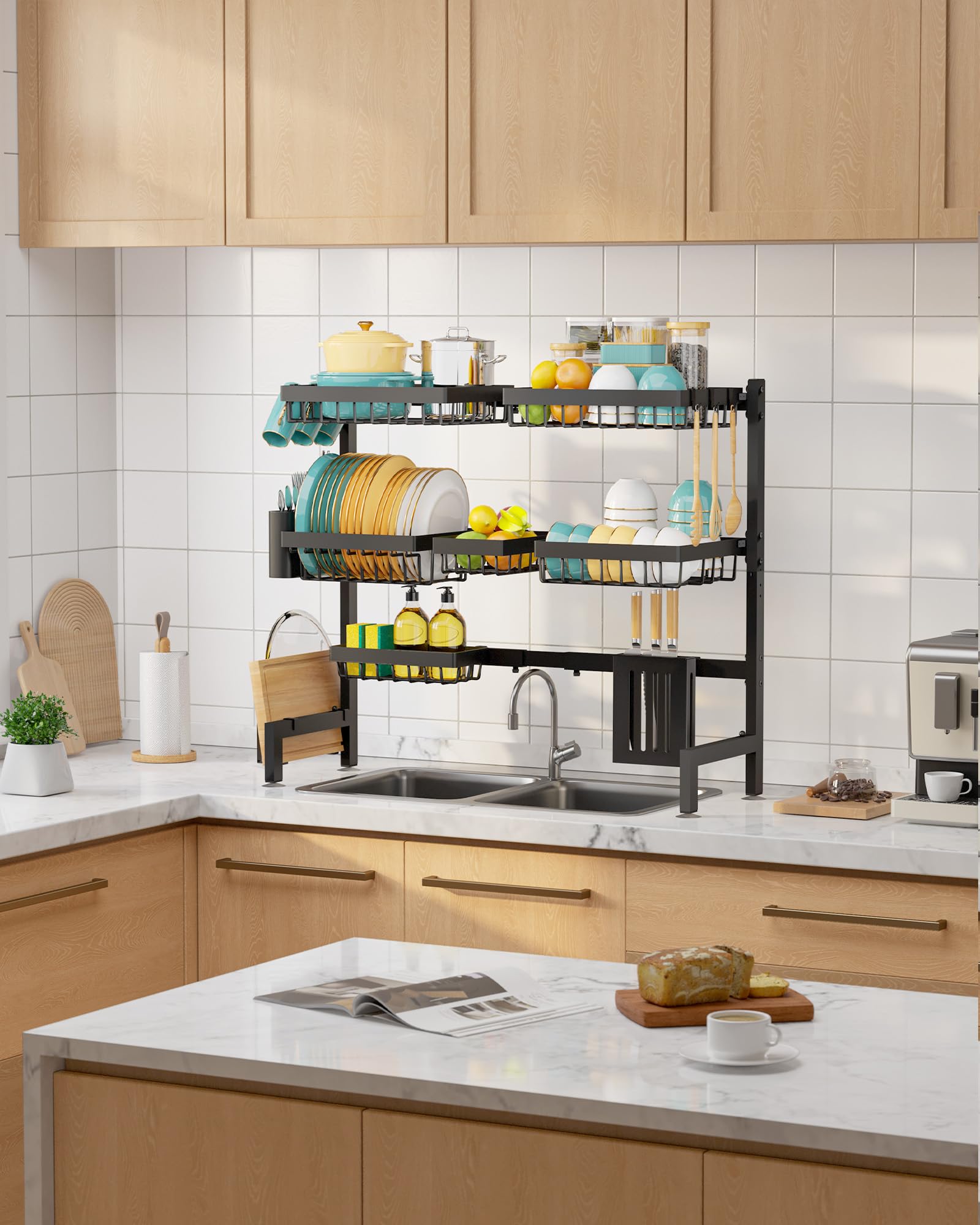 Space-saving over-sink design frees counter space for cooking.