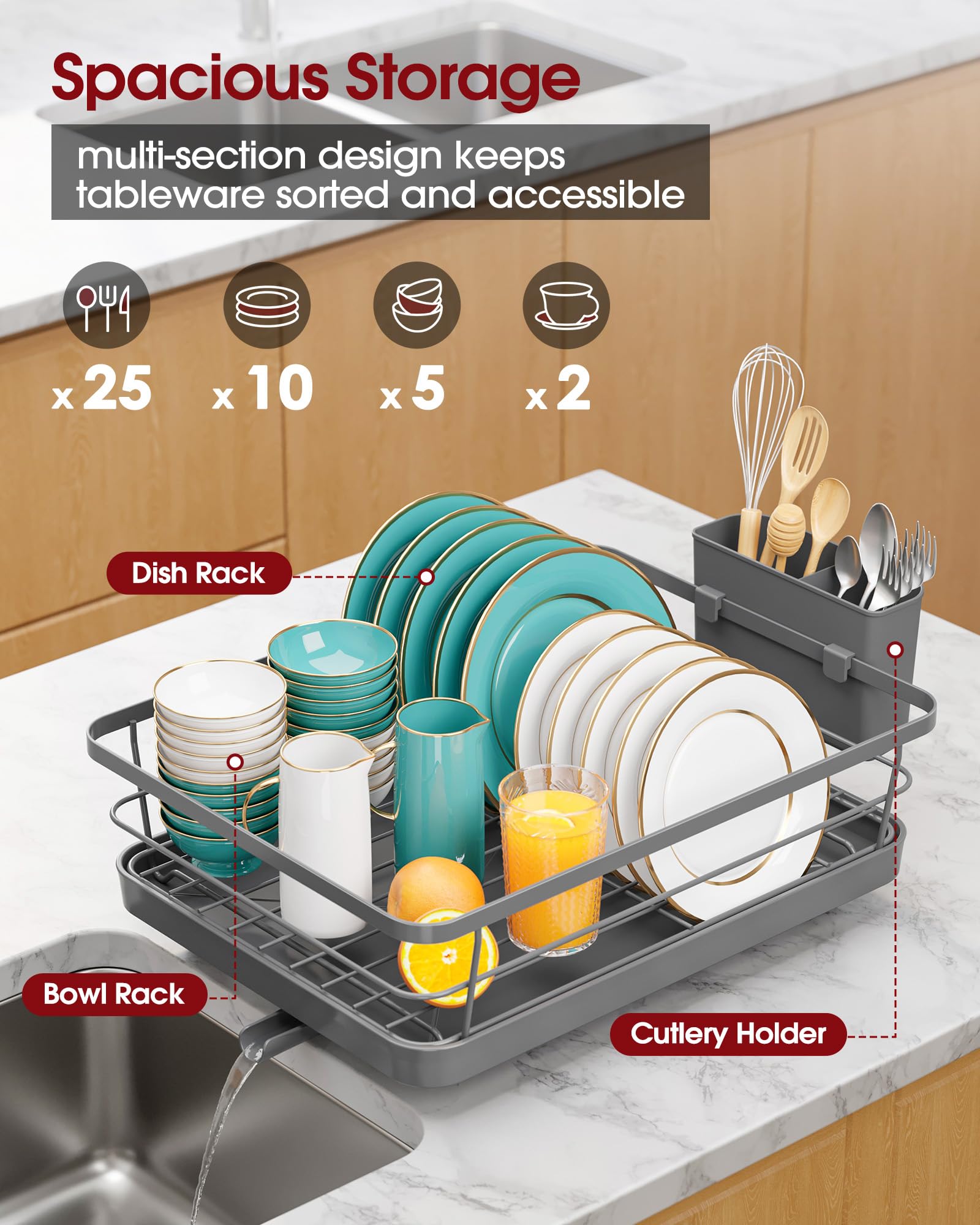 Sakugi stainless steel dish drying rack with drainboard highlighting rust-free durability and drainage