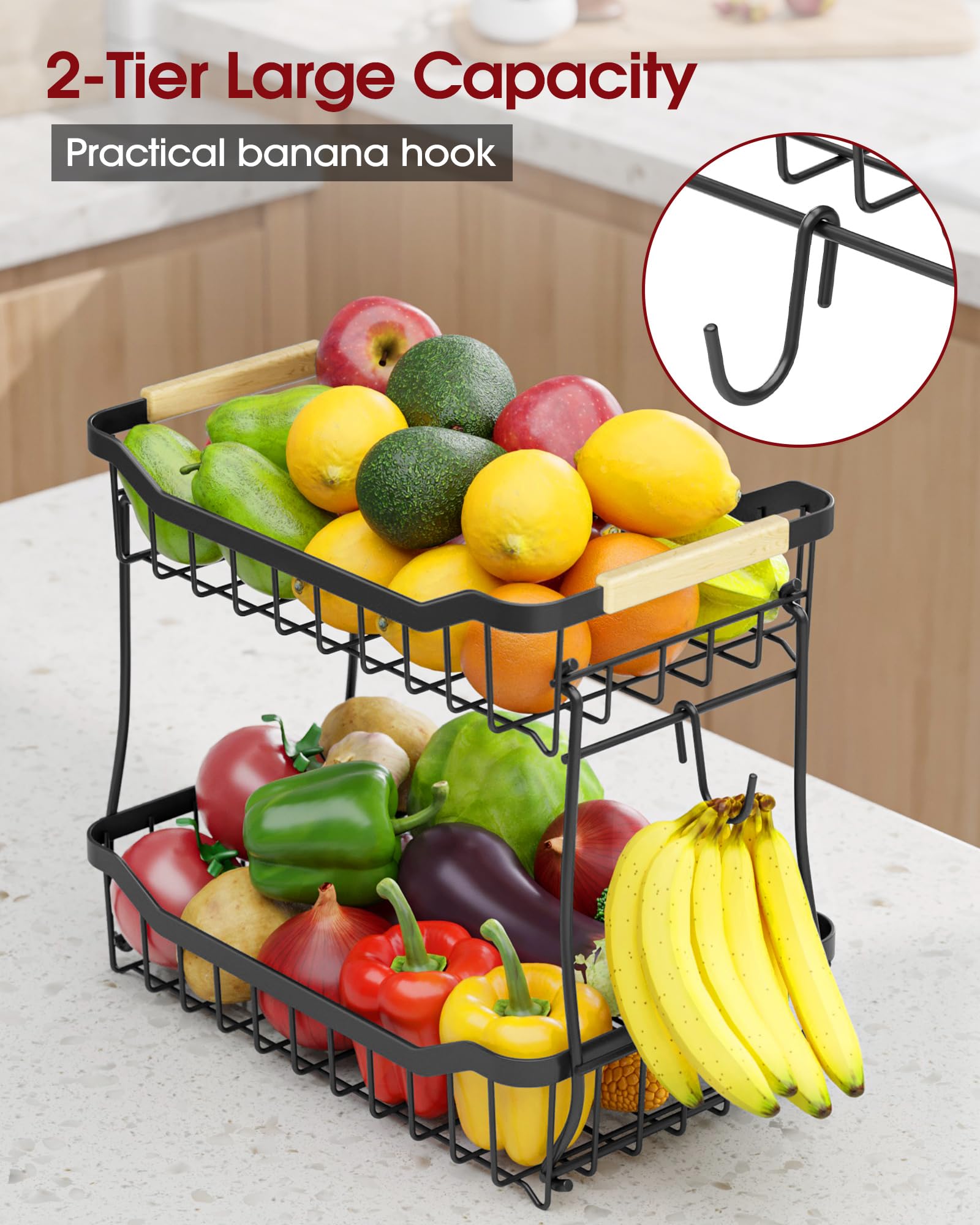Sakugi two-tier fruit basket with metal frame supports full fruit and vegetable loads.