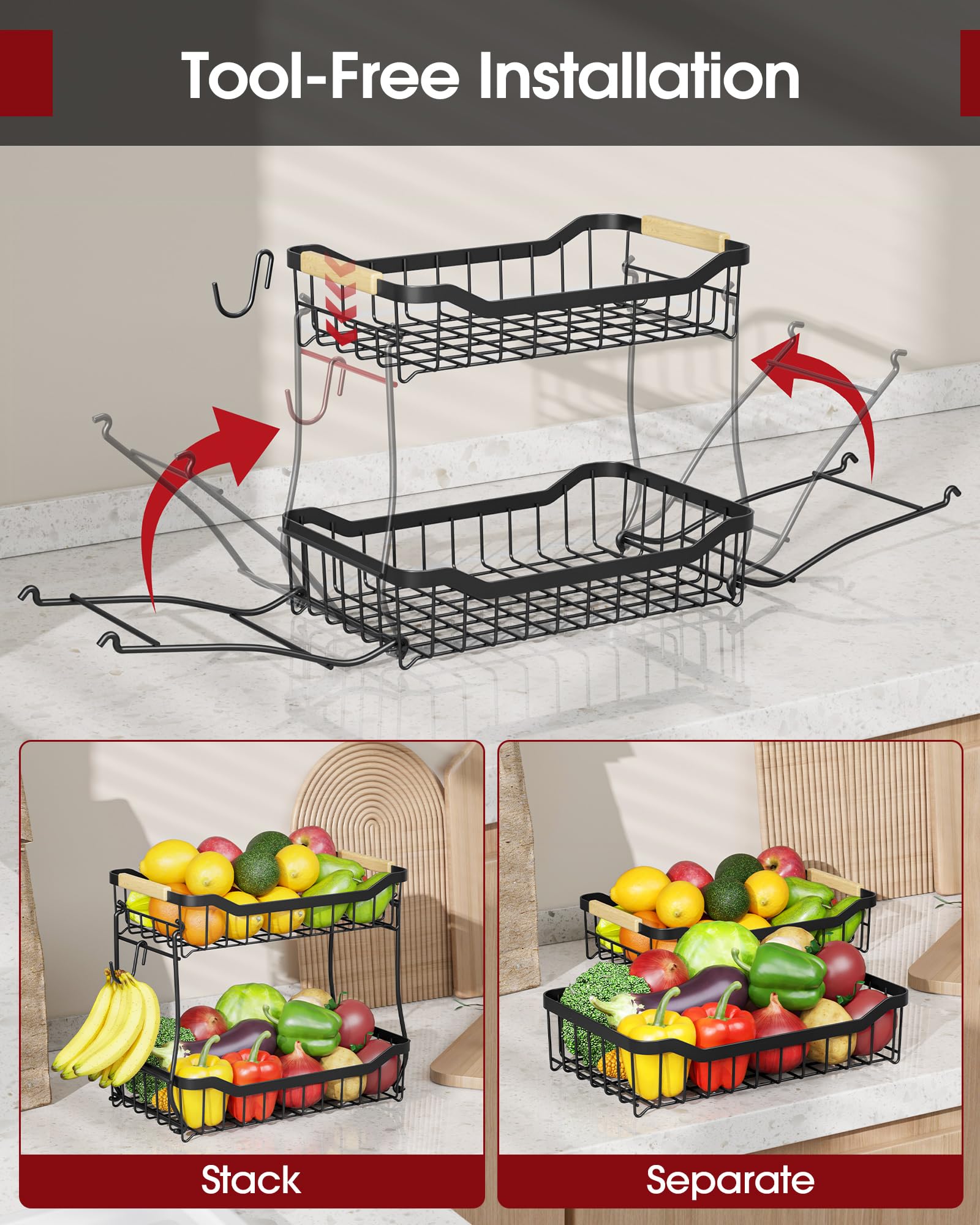 Sakugi wooden handle enables easy movement of the countertop fruit stand.