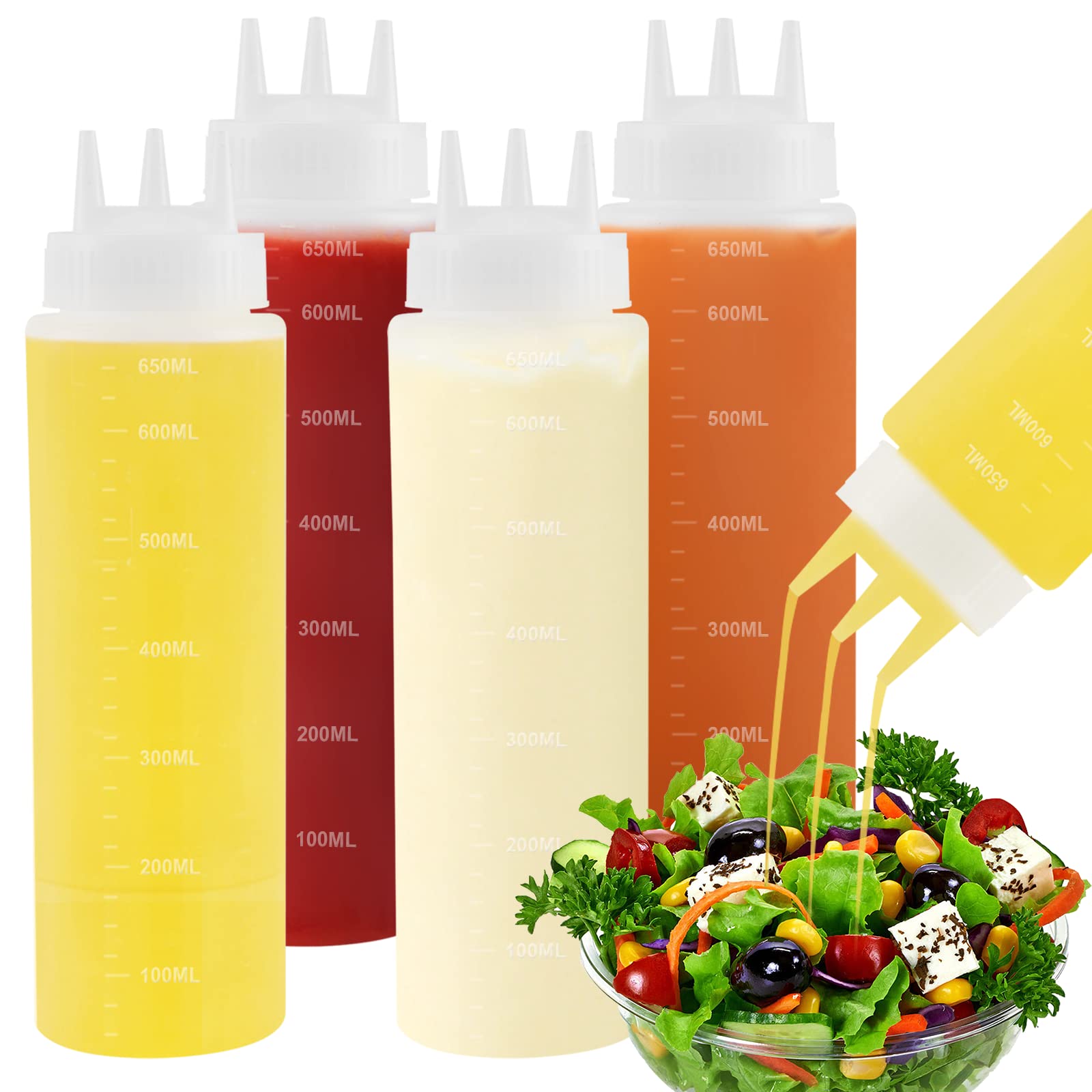 Saladulce 4Pack 23oz squeeze bottles ready for sauces and dressings at table.