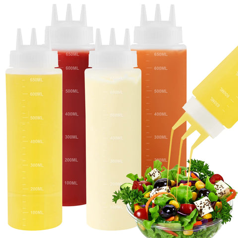 Saladulce 4Pack 23oz squeeze bottles ready for sauces and dressings at table.