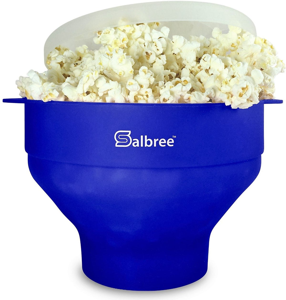 Salbree popcorn popper in blue shows collapsible design for easy storage and fast popcorn.