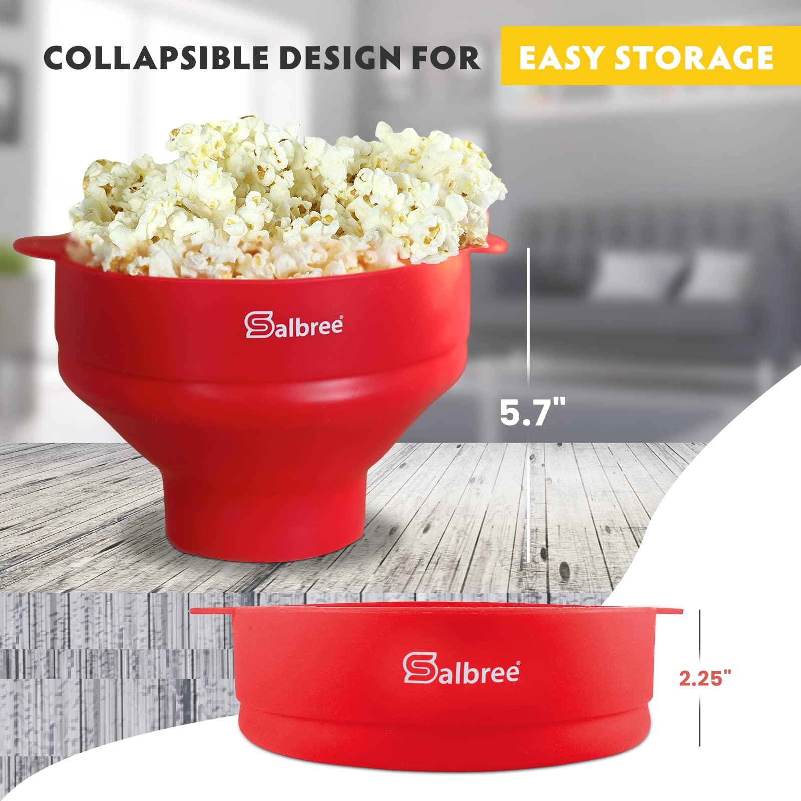 Salbree popcorn popper in microwave imagery illustrates quick, even heating.
