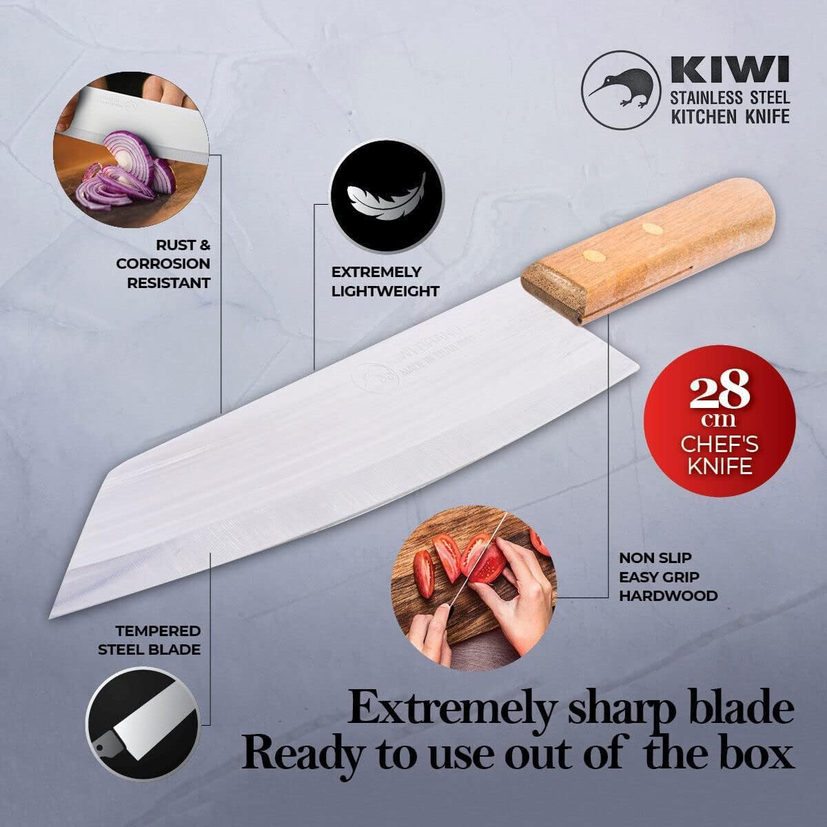 SALINRAAT Kiwi Deba ergonomic handle enhances comfort during long prep sessions.