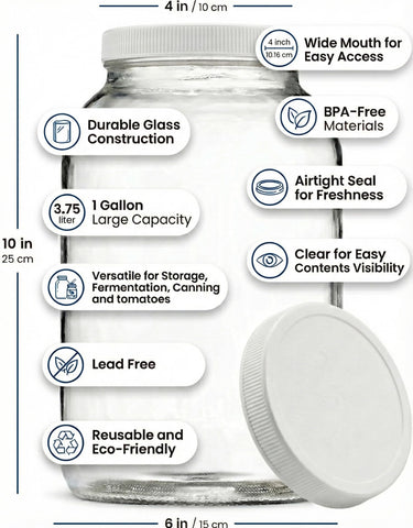 Sally's Organics wide-mouth 1-gallon jar lid close-up highlighting BPA-free cap.