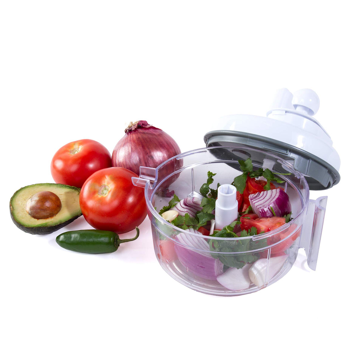 Salsa Master manual food processor with triple blades delivers fast, even chopping.