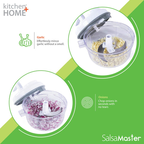Salsa Master oversized crank handle makes manual prep effortless.