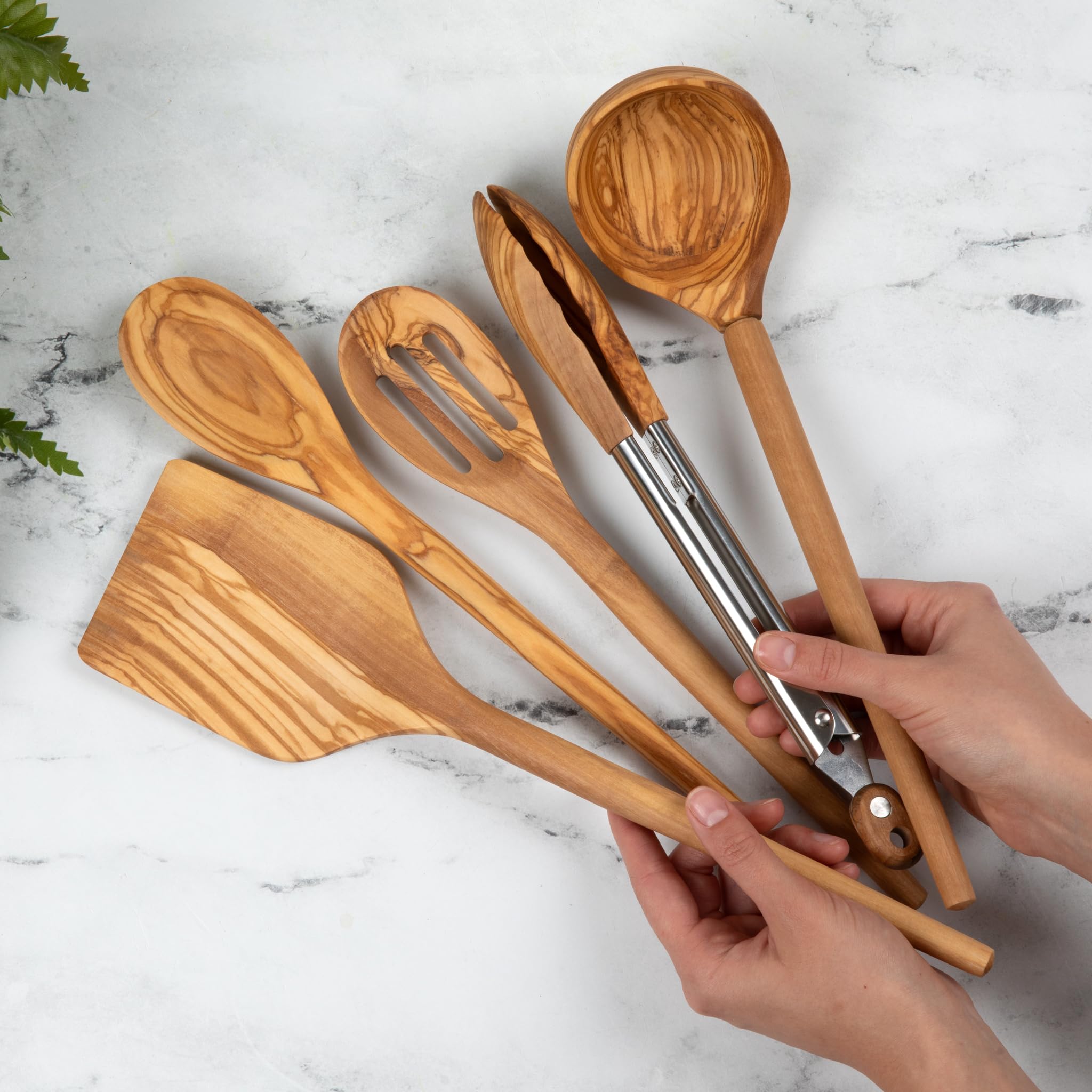 Salt & York olivewood tongs with natural finish protecting nonstick cookware.