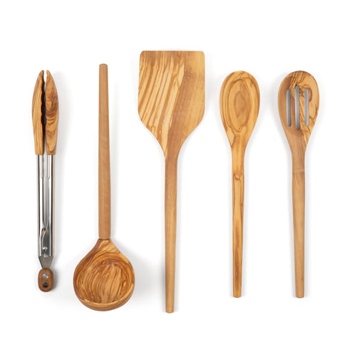 Salt & York olivewood turner in hand, smooth grain ideal for gentle flipping.