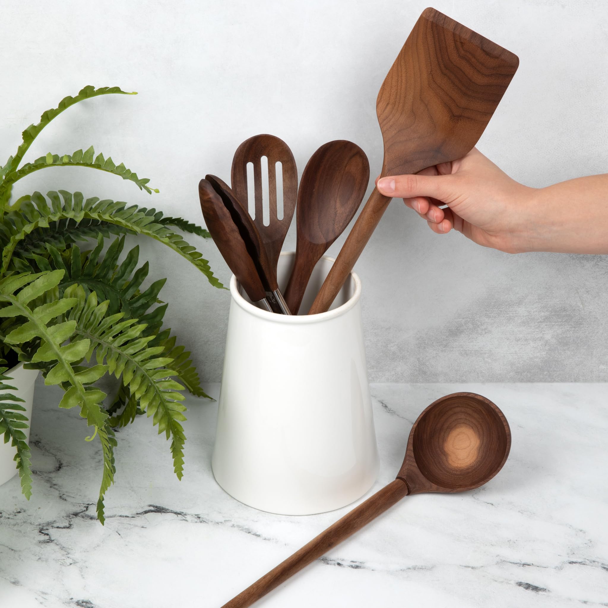 Salt & York walnut utensil slotted spoon drains liquids while preserving texture