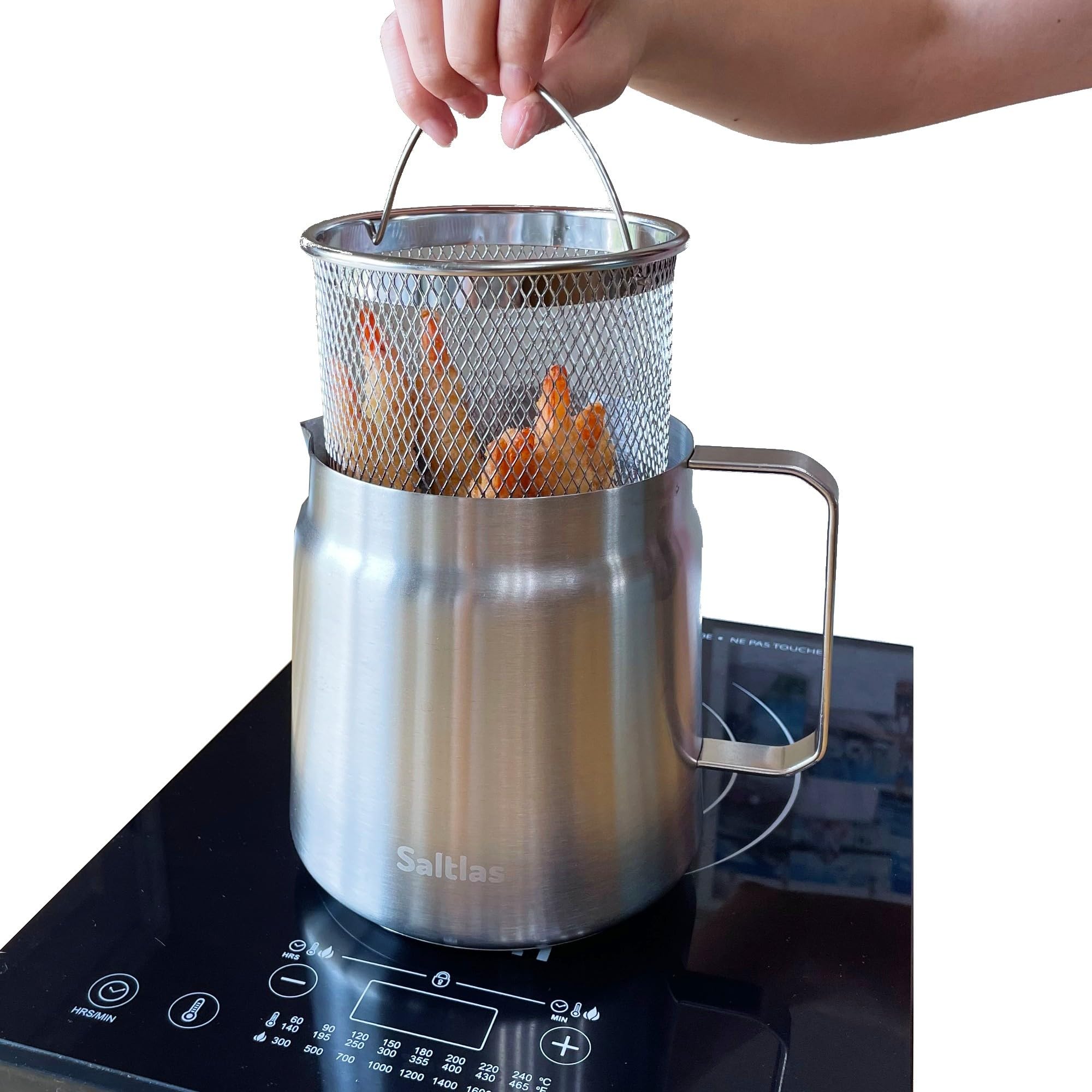 Saltlas deep fryer pot with basket for easy home frying and mess reduction.