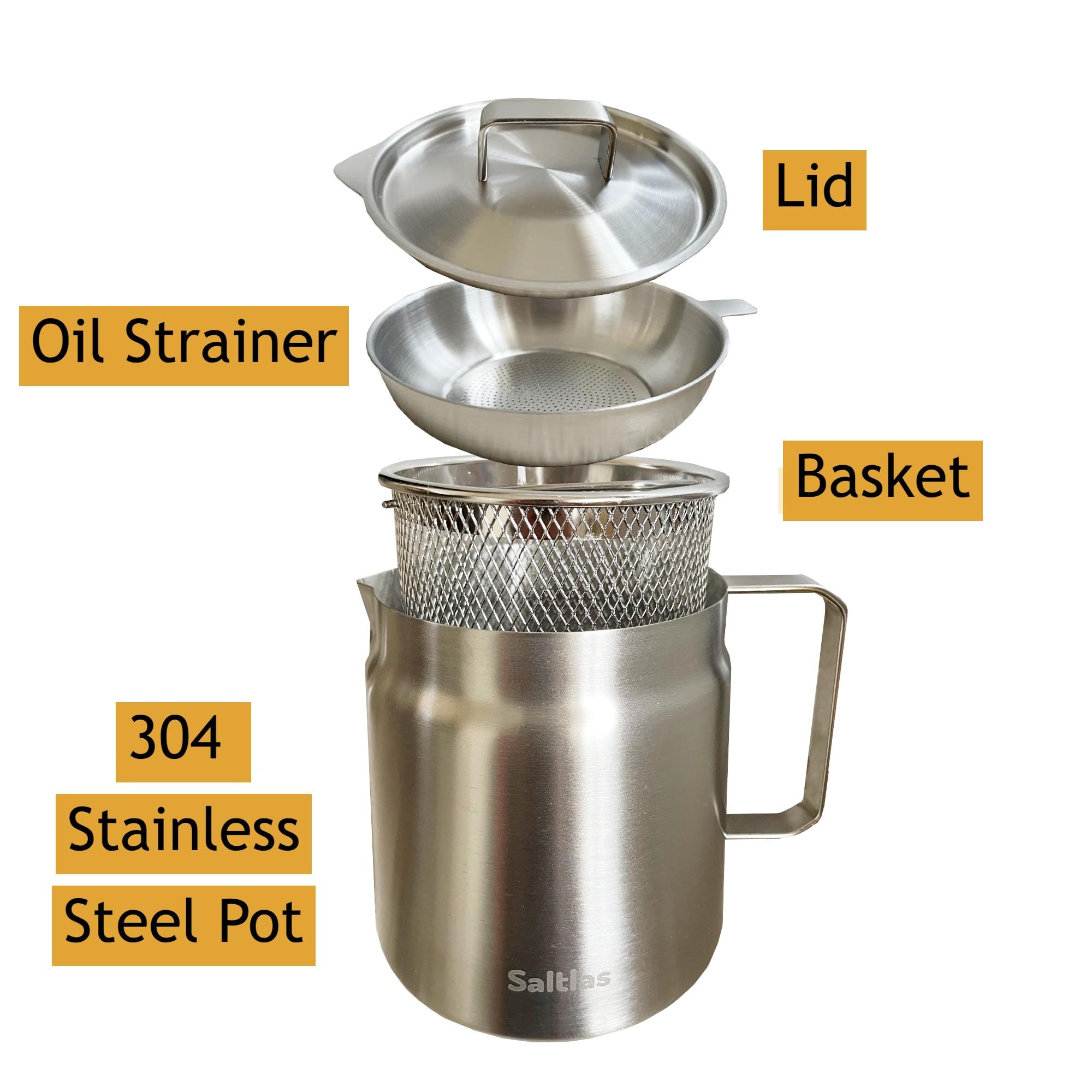 Saltlas pot with oil strainer helps reuse oil and reduce waste.